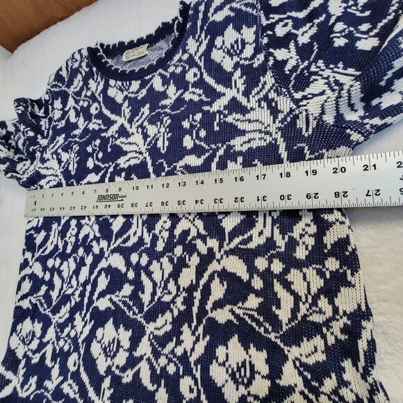 Vintage D'Allaird's Womens Floral Knit Crew Neck Sweater Blue/White Pullover - Picture 5 of 6